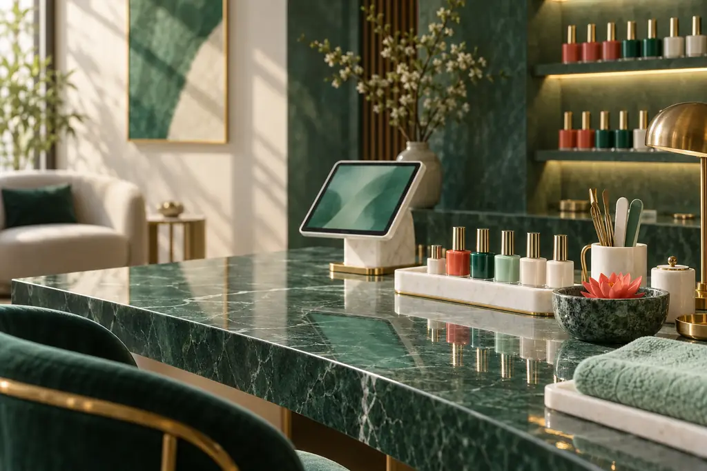 Manicure station on jade marble with rows of coral and jade gel polish and a tablet point-of-sale stand