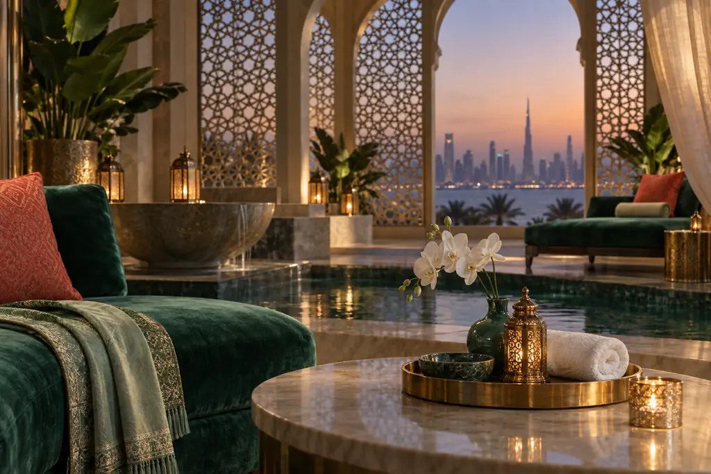 Dubai spa lounge with jade velvet seating and arched screens at dusk