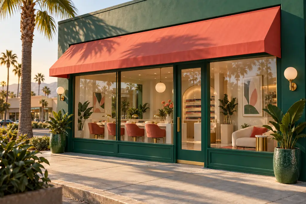 Nail salon storefront with a jade facade and coral awning at golden hour